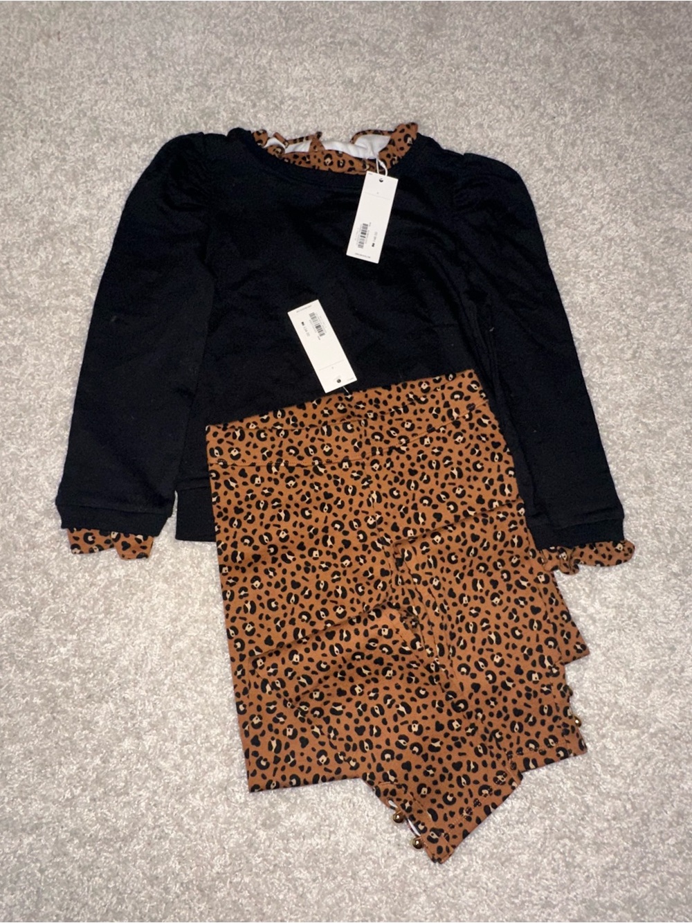 Girls' Black Top with Brown Leopard Print Ruffled Skirt